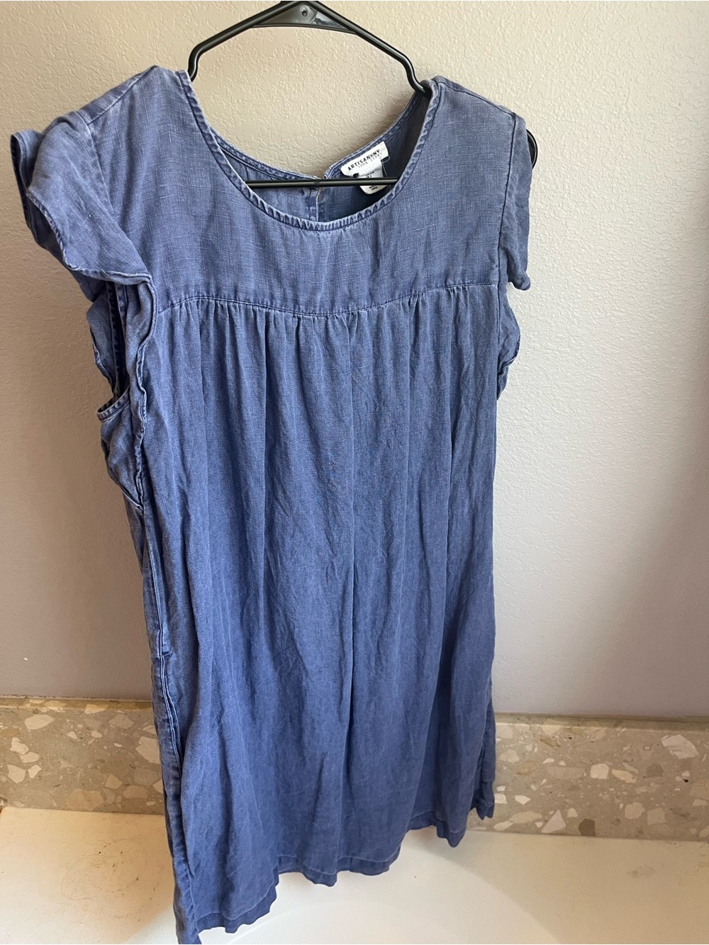 Artisan Ny 100% linen Blue Sleeveless Tunic with Ruffled Sleeves
